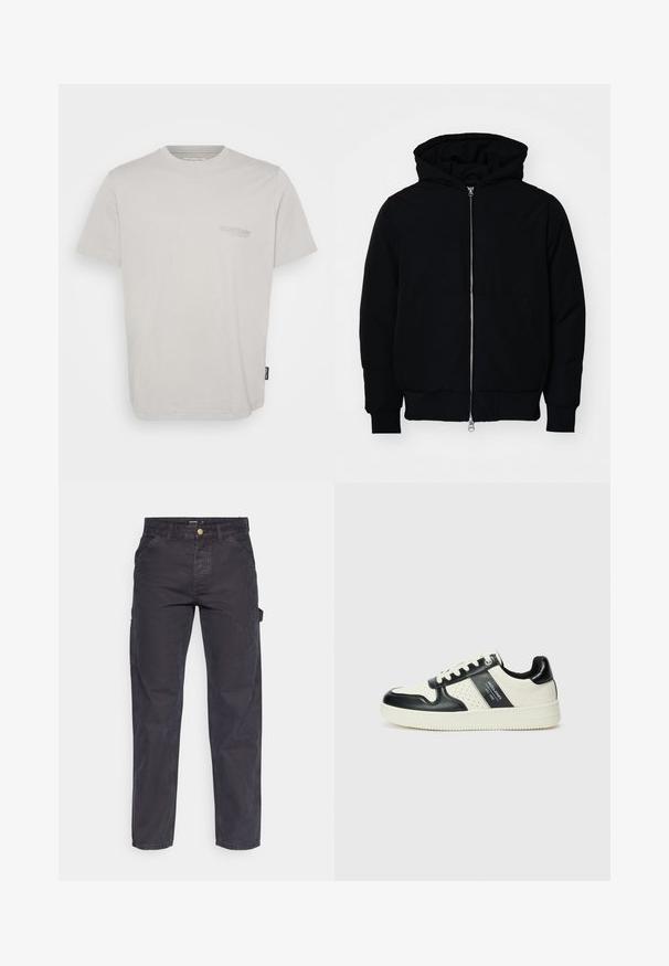 Jachetă neagră cu glugă, cu fermoar în față, buzunar tip kangaroo, mansete și tiv ribbed, prezentată pe un fundal alb simplu.; Tricou din bumbac gri deschis, cu mâneci scurte, gât rotund și un mic logo imprimat pe pieptul stâng. Dispune de un tiv drept și etichetă laterală.; Pantaloni cargo gri închis, confecționați dintr-un material durabil, cu croială dreaptă, cinci buzunare și închidere cu nasture la talie.; Tenisi din piele cu un scheme de culori negru și crem, dotati cu accente perforate, guler căptușit și o talpă texturată.