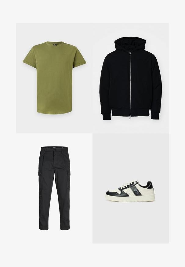Juodas gobtuvėlis su priekiniu užtrauktuku, kengūros tipo kišene, lygiais rankogaliais ir apvadu, pateiktas ant vientiso balto fono.; Alyvuogių žalios spalvos trumpomis rankovėmis marškinėliai, pagaminti iš švelnaus medvilnės, su apvalia iškirpte ir subtiliu logotipu krūtinėje. Lygus paviršius viso marškinėlių ilgumo.; Juodi krovinių tipo džinsai, pagaminti iš tvirto audinio, su keliais kišeniais, mygtuko uždarymu ir siauru, prigludusiu dizainu su siaurėjančiomis kojomis.; Odiniai sportbačiai juodos ir kreminės spalvų schemoje, su perforuotais akcentais, paminkštinta apykakle ir tekstūruotu padu.