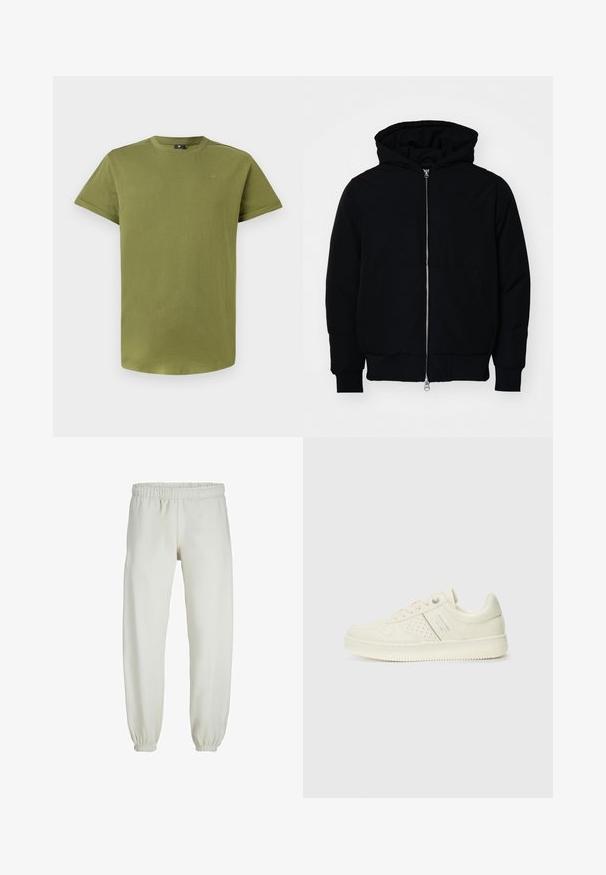 Jachetă neagră cu glugă, cu fermoar în față, buzunar tip kangaroo, mansete și tiv ribbed, prezentată pe un fundal alb simplu.; Cămașă scurtă din bumbac de culoare verde măslin, cu mâneci scurte, guler rotund și un logo subtil pe piept. Textură netedă pe toată suprafața.; Pantaloni de trening albi, realizati dintr-un textile moale, avand talie elastica si mansete, cu o textura fina si un design lejer.; Adidași crem cu detalii perforate, șireturi și logo pe lateral, expuși pe un fundal alb simplu.