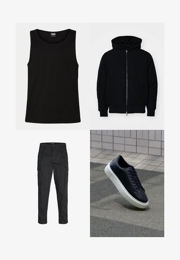 Mustaga kapuutsiga jakk, millel on esineed, kenguru tasku, soonikkoes, ja alläär, esitatud lihtsal valgel taustal.; Must must särk, mis on valmistatud pehmest puuvillakangast. Omab ümmargust kaelust ja laiale varrukale, ilma nähtavate mustrite või dekoratsioonideta.; Mustad mustapõlvik, mis on valmistatud tugeva koe kasutades, sisaldab mitmeid taskuid, nupule kinnitatav sulgemine ja kitsenev disain.; Mustast nahast tennisetoss, millel on ümar nina ja valge kummist tall. Omab siredaid paelu ja minimaalset õmblemist ülemises osas. Tekstuuriga tald, mis tagab haakuvuse.