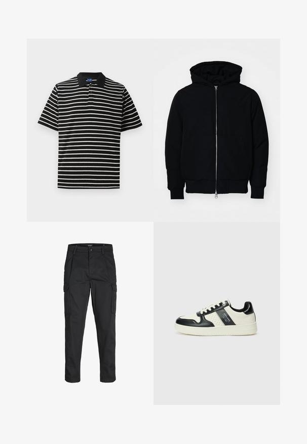 Svart huoodiejacka med framdragkedja, känguruficka, ribbade ärmslut och nederkant, uppställd mot en vit bakgrund.; Randig pikétröja i svart och vitt med korta ärmar, svart krage och tre knappar vid halsen. Mjukt tyg.; Svarta cargobyxor tillverkade av hållbart tyg, med flera fickor, knappstängning och en smal passform med avsmalnande ben.; Läder sneakers med en svart och krämfärgad färgsättning, med perforerade detaljer, en vadderad krage och en strukturerad yttersula.