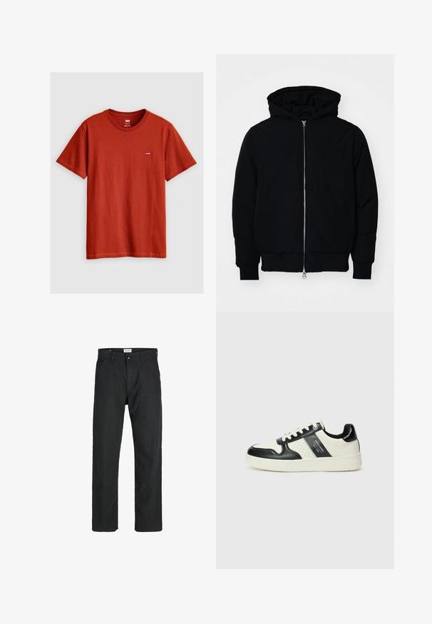 Černá kapucňová bunda s předním zipem, klokaní kapsou, vroubkovanými manžetami a spodním lemem, vystavená na čistém bílém pozadí.; Červené bavlněné tričko s krátkými rukávy, kulatým výstřihem a malým logem Levi's prošívaným na hrudi. Hladká textura a jednoduchý design.; Černé kalhoty vyrobené z odolné tkaniny, s rovnými nohavicemi, šitými akcenty a dvěma předními kapsami pro praktičnost.; Kožené tenisky s černobílou barevnou kombinací, které mají perforované detaily, polstrovaný límec a texturovanou podrážku.