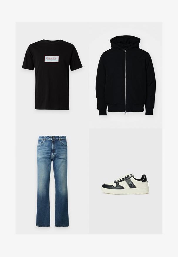Čierna kapucňová bunda s predným zipsom, klokaními vreckami, rebrovanými manžetami a lemom, zobrazená na bielom pozadí.; Čierne tričko z bavlny s obdĺžnikovým logom "JACK & JONES" v červenej a bielej farbe, umiestneným na prednej strane na stred. Krátke rukávy.; Modré džínsy so širokým strihom, s vybledlým umývaním, piatimi vreckami a zapínaním na gombíky.; Kožené tenisky v čierno-krémovej farbe, s perforovanými akcentmi, polstrovaným golierom a štruktúrovanou podrážkou.