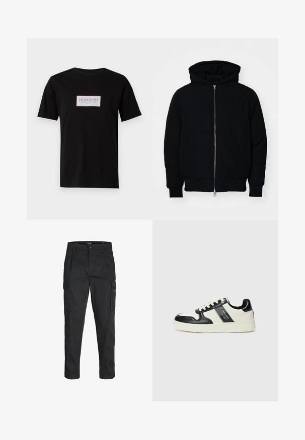 Sort hættejakke med frontlynlås, kængurulomme, ribbede manchetter og kant, præsenteret på en ensfarvet hvid baggrund.; Sort T-shirt i bomuld med et rektangulært logo med "JACK & JONES" i rød og hvid centreret på fronten. Korte ærmer.; Sorte cargo-bukser lavet af slidstærkt stof, der har flere lommer, en knaplukning og et slim fit design med smalle ben.; Lædersneakers i sort og creme farveskema, med perforerede detaljer, en polstret krave og en struktureret ydersål.