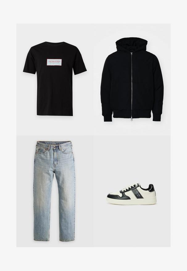 Chaqueta negra con capucha, cierre frontal, bolsillo tipo canguro, y puños y dobladillo acanalados, exhibida sobre un fondo blanco liso.; Camiseta negra de algodón, con un logo rectangular que dice "JACK & JONES" en rojo y blanco, centrado en la parte delantera. Mangas cortas.; Jeans de mezclilla azul claro de cintura alta, con botón frontal, cremallera y diseño de cinco bolsillos, dispuestos sobre un fondo neutro.; Zapatillas de cuero con un esquema de colores negro y crema, que cuentan con acentos perforados, un collar acolchado y una suela texturizada.