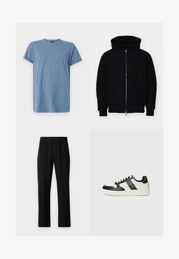 Black hooded jacket with front zipper, kangaroo pocket, ribbed cuffs, and hem, displayed on a plain white background.; G-STAR LASH - Basic T-shirt - avio; Black, elastic-waist trousers with a straight-leg design, featuring a smooth texture and no visible patterns or hardware.; Leather sneakers with a black and cream color scheme, featuring perforated accents, a padded collar, and a textured outsole.