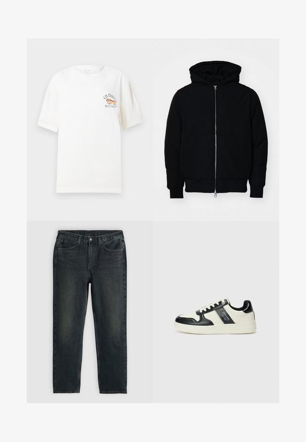 Svart hettejakke med frontglidelås, kengurulomme, ribbestrikket mansjetter og søm, vist på en ensfarget hvit bakgrunn.; Hvit bomulls-T-skjorte med korte ermer med en liten trykt logo av en hotdog og tekst som sier "LIL GLIZZY’S HOT DOG HUT."; Mørkeblå denimjeans med rette ben, med fem lommer, glidelås og kontraststing. Subtil fading på stoffet.; Lædersneakers med sort og creme farveskema, der har perforerede detaljer, en polstret krave og en struktureret ydersål.