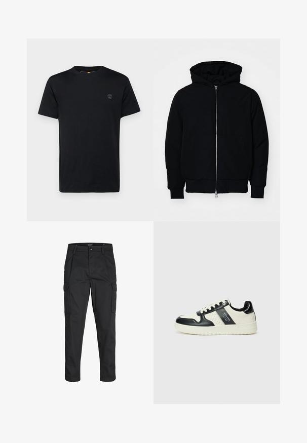 Crna kapuška jakna s prednjim zatvaračem, kenguru džepom, rebrastim manžetama i rubom, prikazana na običnoj bijeloj pozadini.; Crna pamučna majica s okruglim izrezom, kratkim rukavima i malim vezenim logotipom na prsima. Glatka tekstura, klasičan kroj.; Crne cargo hlače izrađene od čvrstog materijala, s brojnim džepovima, kopčanjem na gumb i dizajnom koji pomaže da se prilagode tijelu sa suženim nogavicama.; Kožne tenisice s crno-bijelom paletom boja, koje imaju perforirane akcentne detalje, podstavljeni ovratnik i teksturiranu potplat.
