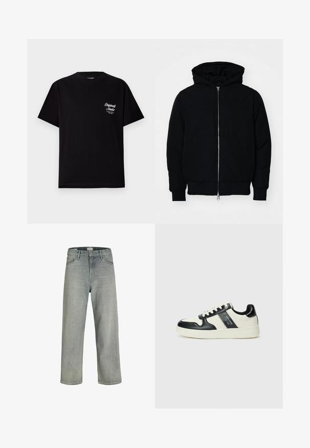 Black hooded jacket with front zipper, kangaroo pocket, ribbed cuffs, and hem, displayed on a plain white background.; Black short-sleeve t-shirt made of cotton. Features a small white logo on the left chest area. Crew neck design, regular fit.; Light gray, loose-fitting jeans made of denim. Features a classic five-pocket design, belt loops, and a straight leg silhouette.; Leather sneakers with a black and cream color scheme, featuring perforated accents, a padded collar, and a textured outsole.