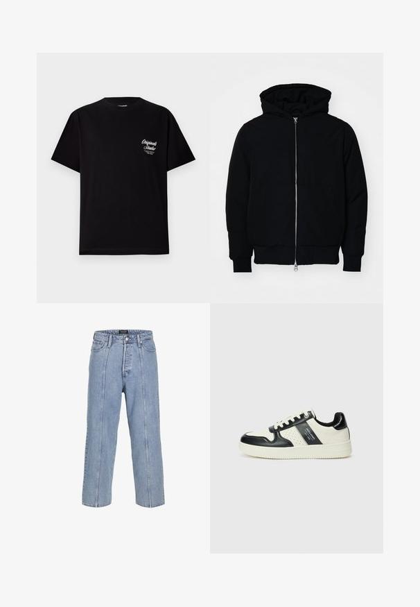 Čierna kapucňová bunda s predným zipsom, klokaními vreckami, rebrovanými manžetami a lemom, zobrazená na bielom pozadí.; Čierne tričko s krátkym rukávom vyrobené z bavlny. Obsahuje malé biele logo v oblasti ľavého hrudníka. Klasický výstrih, bežný strih.; Svetlo modré denimové nohavice s voľným strihom, širokými nohavicami a viditeľnými šitými detailmi. Obsahujú zapínanie na gombík a zips, päť vreciek.; Kožené tenisky v čierno-krémovej farbe, s perforovanými akcentmi, polstrovaným golierom a štruktúrovanou podrážkou.