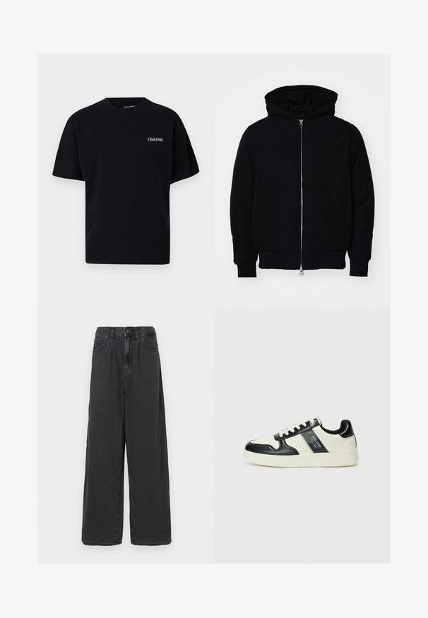 Mustaga kapuutsiga jakk, millel on esineed, kenguru tasku, soonikkoes, ja alläär, esitatud lihtsal valgel taustal.; Mustsastane must t-särk ümmarguse kaeluse ja lühikeste varrukatega. Vasakul rinnakorvil on valged tähed "Club1990". Lihtne, ilma kaunistusteta disain.; Laiad, kõrgema vöökohaga mustad denimipüksid, millel on ees nupuga ja tõmblukuga sulgemine, külgpocketid ja sile tekstuur.; Nahatud nahkkingad musta ja kreemi värviskeemiga, millel on perforeeritud aktsendid, pehme krae ja tekstureeritud tallad.