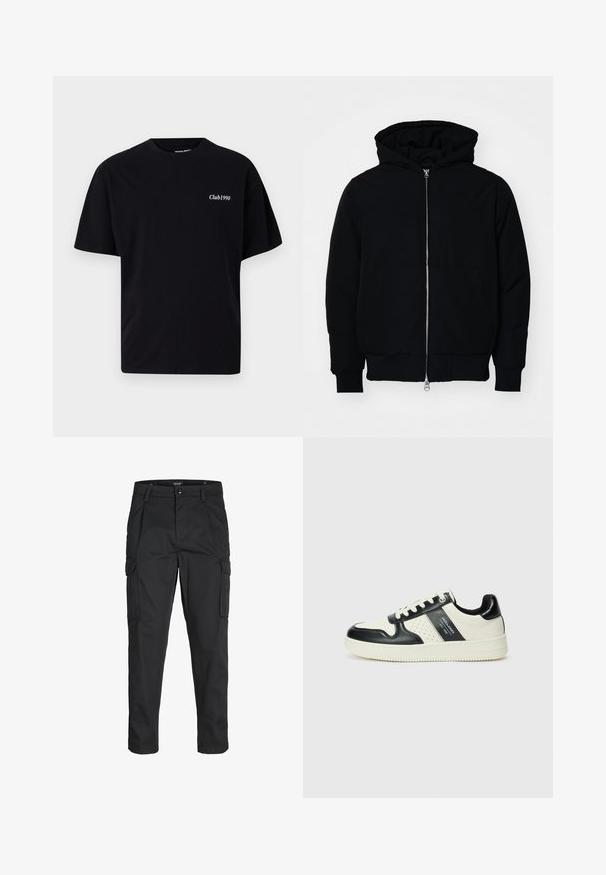Černá kapucňová bunda s předním zipem, klokaní kapsou, vroubkovanými manžetami a spodním lemem, vystavená na čistém bílém pozadí.; Černé bavlněné tričko s kulatým výstřihem a krátkými rukávy. Na levé části hrudi se nachází bílý text "Club1990". Jednoduchý, nezdobený design.; Černé cargo kalhoty vyrobené z odolné tkaniny, s mnoha kapsami, knoflíkovým zapínáním a slim fit střihem se zúženými nohavicemi.; Kožené tenisky s černobílou barevnou kombinací, které mají perforované detaily, polstrovaný límec a texturovanou podrážku.