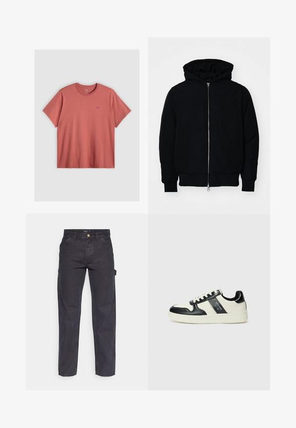 Giacca nera con cappuccio, dotata di zip frontale, tasca a marsupio, polsini e orlo a coste, esposta su uno sfondo bianco semplice.; T-shirt a maniche corte di colore corallo sbiadito, realizzato in cotone con collo rotondo. Presenta un piccolo logo rosso di Levi's sul lato sinistro del petto.; Pantaloni cargo grigio scuro realizzati in tessuto resistente, con un taglio dritto, cinque tasche e chiusura a bottoni in vita.; Sneakers in pelle con una combinazione di colori nero e crema, dotati di dettagli perforati, collare imbottito e suola testurizzata.