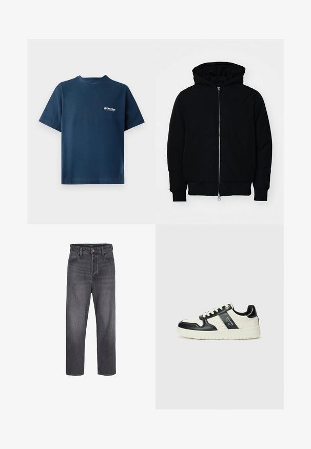Fekete kapucnis dzseki elülső cipzárral, kenguruzsebbel, bordázott mandzsettákkal és aba, egy sima fehér háttér előtt.; Sötétkék pamut póló rövid ujjakkal és kerek nyakkivágással. Bal mellen egy kis fehér logó található. Puha tapintású.; Sötétszürke farmernadrág egyenes láb kialakítással, magas derékkal, öt zsebes stílussal és enyhe kopással. Fém gomb és cipzáras zárás.; Fekete és krém színű bőrsneaker, perforált díszítésekkel, párnázott bokapánttal és texturált talppal.