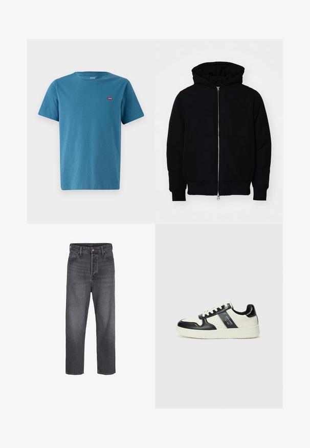 Czarna kurtka z kapturem, z suwakiem z przodu, kieszenią kangurką, ściągaczami przy mankietach i dolnym brzegu, prezentowana na jednolitym białym tle.; Niebieska bawełniana koszulka z krótkiem rękawem, okrągłym dekoltem i małym czerwonym logo Levi's po lewej stronie na piersi. Gładka faktura, klasyczny krój.; Ciemnoszare dżinsy o prostym kroju, wysoka talia, pięć kieszeni i subtelne wyblaknięcia. Metalowy guzik i zamek błyskawiczny.; Skórzane sneakersy w czarno-kremowym schemacie kolorystycznym, z perforowanymi akcentami, wyściełanym kołnierzem i teksturowaną podeszwą.