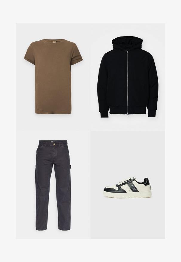 Čierna kapucňová bunda s predným zipsom, klokaními vreckami, rebrovanými manžetami a lemom, zobrazená na bielom pozadí.; Hnedé bavlnené tričko s krátkym rukávom a okrúhlym výstrihom, s prehnutými manžetami, vystavené na jednoduchom bielom pozadí.; Tmavošedé cargo nohavice vyrobené z odolného materiálu, s rovnými nohavicami, piatimi vreckami a gombíkovým zapínaním v páse.; Kožené tenisky v čierno-krémovej farbe, s perforovanými akcentmi, polstrovaným golierom a štruktúrovanou podrážkou.