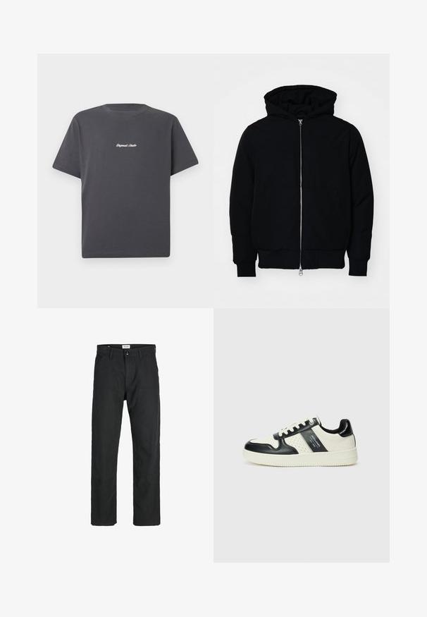 Fekete kapucnis dzseki elülső cipzárral, kenguruzsebbel, bordázott mandzsettákkal és aba, egy sima fehér háttér előtt.; Sötétszürke pamut póló rövid ujjakkal, kerek nyakkal, és fehér hímzett "Original Studio" felirattal a mellkasán. Egyszerű dizájn.; Fekete nadrág tartós anyagból, egyenes szárú kialakítással, varrott díszítésekkel és két elülső zsebbel a funkciók érdekében.; Fekete és krém színű bőrsneaker, perforált díszítésekkel, párnázott bokapánttal és texturált talppal.
