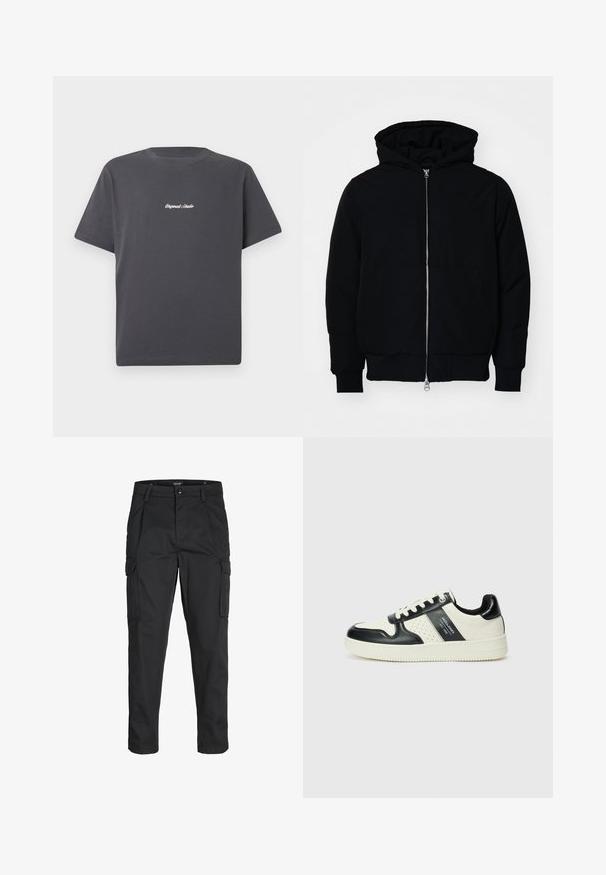 Black hooded jacket with front zipper, kangaroo pocket, ribbed cuffs, and hem, displayed on a plain white background.; Dark gray cotton t-shirt with short sleeves, round neck, and white embroidered text "Original Studio" on the chest. Simple design.; Black cargo pants made of sturdy fabric, featuring multiple pockets, a button closure, and a slim fit design with tapered legs.; Leather sneakers with a black and cream color scheme, featuring perforated accents, a padded collar, and a textured outsole.