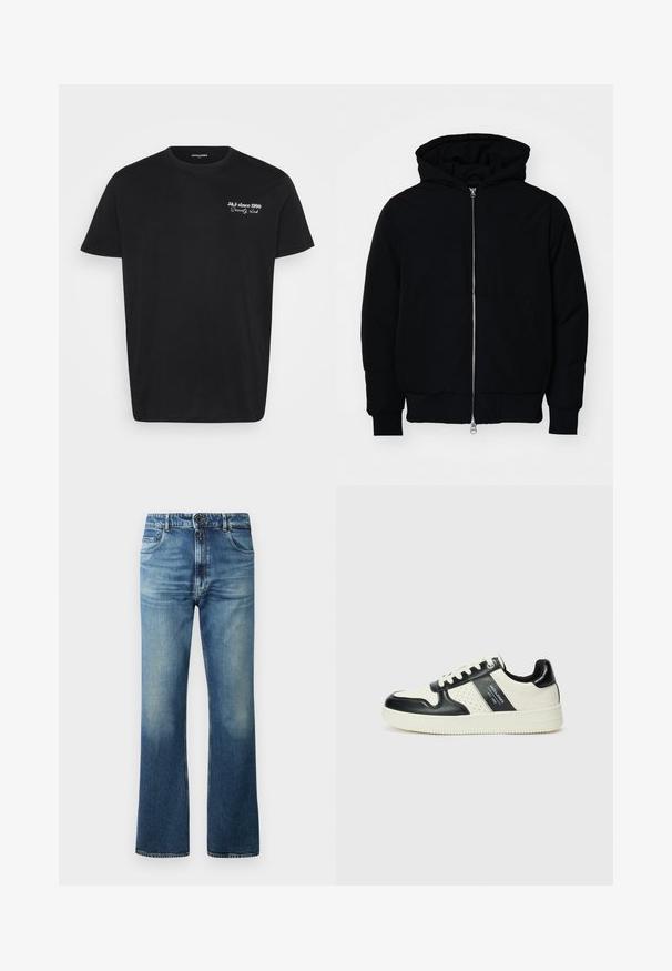 Černá kapucňová bunda s předním zipem, klokaní kapsou, vroubkovanými manžetami a spodním lemem, vystavená na čistém bílém pozadí.; Černé tričko s krátkým rukávem a kulatým výstřihem s bílým textem "J&J since 1990 Society club" na levé straně hrudi.; Modré džínové kalhoty se zvonovým střihem, s vybledlým omakem, pěti kapsami a uzávěrem na knoflíky.; Kožené tenisky s černobílou barevnou kombinací, které mají perforované detaily, polstrovaný límec a texturovanou podrážku.
