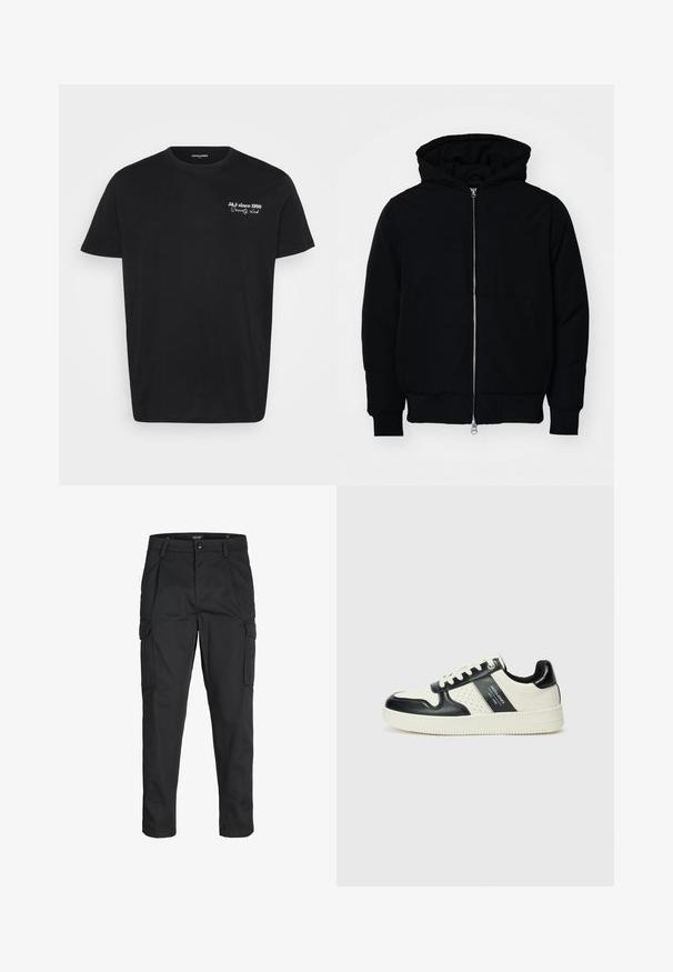 Mustaga kapuutsiga jakk, millel on esineed, kenguru tasku, soonikkoes, ja alläär, esitatud lihtsal valgel taustal.; Musta lühikeste varrukatega ümarate lõikega T-särk, mille vasakul rinnal on valge tekst "J&J alates 1990 Selts".; Mustad mustapõlvik, mis on valmistatud tugeva koe kasutades, sisaldab mitmeid taskuid, nupule kinnitatav sulgemine ja kitsenev disain.; Nahatud nahkkingad musta ja kreemi värviskeemiga, millel on perforeeritud aktsendid, pehme krae ja tekstureeritud tallad.