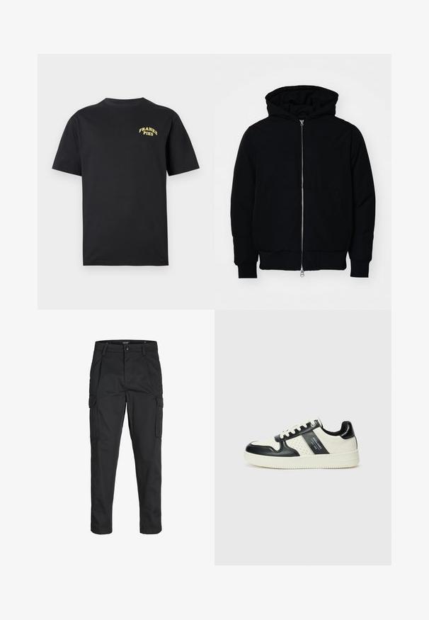 Mustat huppu-untuvatakki, jossa on vetoketju edessä, kenguru-tasku, ribatut hihansuut ja helma, esillä yksinkertaisella valkoisella taustalla.; Mustat lyhythihaiset puuvillapaidat, joissa on keltaiset "FRANKS PIES" -tekstit vasemmassa ylärintataskussa.; Mustat cargo-housut, jotka on valmistettu kestävästä kankaasta. Housuissa on useita taskuja, nappisulku ja kapea istuvuus, jossa on kapenevat lahkeet.; Nahkakengät musta-kerma värimaailmassa, joissa on rei'itetyt yksityiskohdat, pehmustettu nilkkaosa ja teksturoitu pohja.