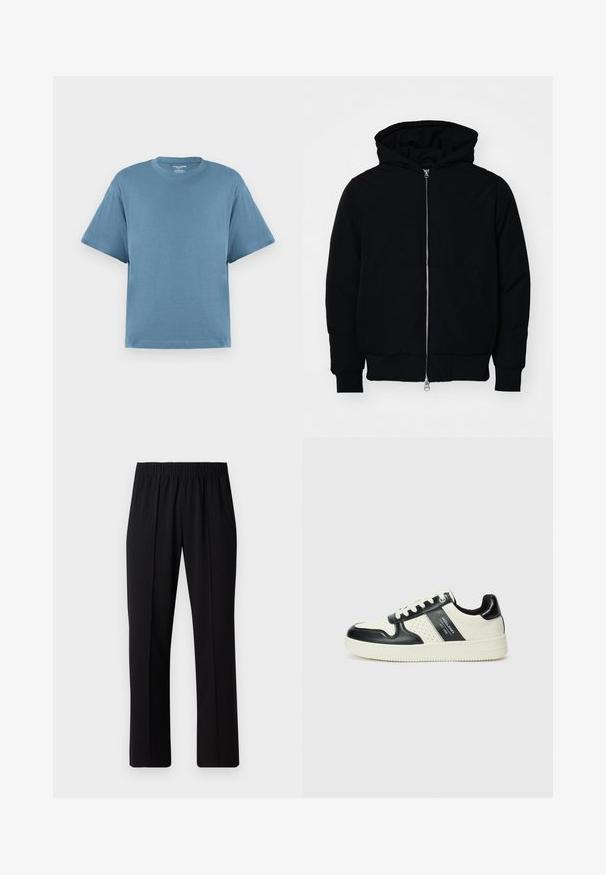 Black hooded jacket with front zipper, kangaroo pocket, ribbed cuffs, and hem, displayed on a plain white background.; Blue short-sleeve t-shirt, made of cotton, with a crew neck and a relaxed fit. Smooth texture, minimalist design, no patterns or accents.; Black, elastic-waist trousers with a straight-leg design, featuring a smooth texture and no visible patterns or hardware.; Leather sneakers with a black and cream color scheme, featuring perforated accents, a padded collar, and a textured outsole.