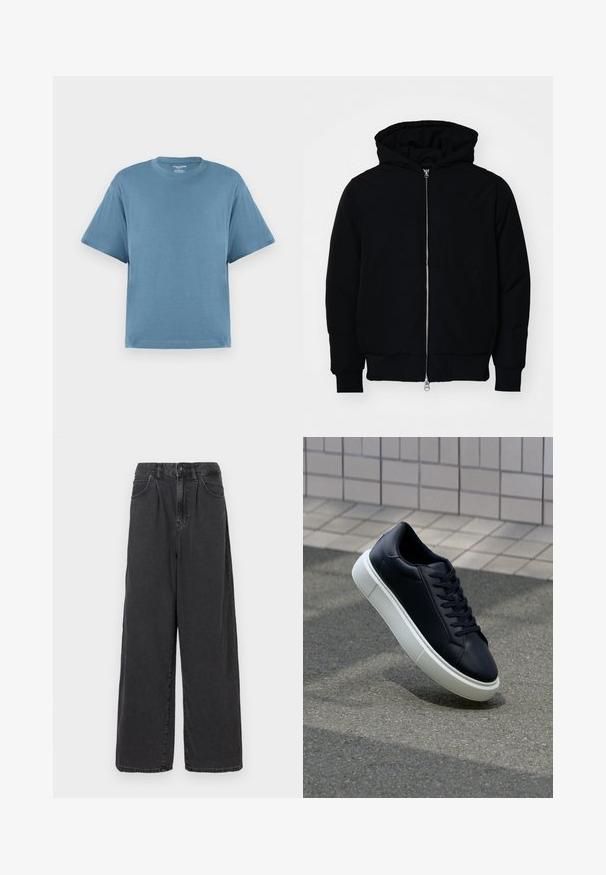 Mustaga kapuutsiga jakk, millel on esineed, kenguru tasku, soonikkoes, ja alläär, esitatud lihtsal valgel taustal.; Sinine lühikeste varrukatega t-särk, valmistatud puuvillast, ümarate kaelustega ja lõdva istuvusega. Sile tekstuur, minimalistlik disain, ilma mustrite või aktsentideta.; Laiad, kõrgema vöökohaga mustad denimipüksid, millel on ees nupuga ja tõmblukuga sulgemine, külgpocketid ja sile tekstuur.; Mustast nahast tennisetoss, millel on ümar nina ja valge kummist tall. Omab siredaid paelu ja minimaalset õmblemist ülemises osas. Tekstuuriga tald, mis tagab haakuvuse.