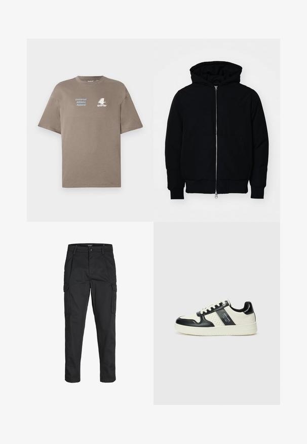 Veste à capuche noire avec fermeture éclair sur le devant, poche kangourou, poignets et ourlet côtelés, présentée sur un fond blanc uni.; T-shirt en coton brun avec un col rond. Présente le texte bleu "Universal Athletic Apparel" et le logo blanc "4th quarter" sur le devant. Manches courtes.; Pantalons cargo noirs en tissu résistant, dotés de plusieurs poches, d'une fermeture par bouton et d'une coupe slim avec des jambes fuselées.; Baskets en cuir avec un schéma de couleurs noir et crème, dotées d'accents perforés, d'un col rembourré et d'une semelle texturée.