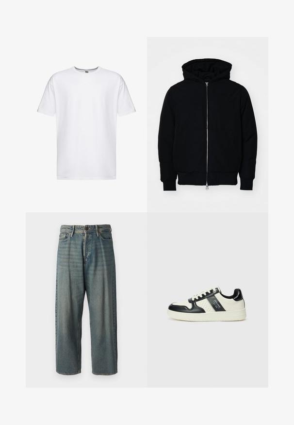 Veste à capuche noire avec fermeture éclair sur le devant, poche kangourou, poignets et ourlet côtelés, présentée sur un fond blanc uni.; T-shirt en coton blanc à manches courtes, col rond et coupe décontractée. Sans motifs ni logos, texture lisse et longueur standard.; Jeans en denim bleu clair avec une coupe ample, taille mi-haute et jambes droites. Comprend cinq poches, des passants de ceinture et une fermeture à bouton.; Baskets en cuir avec un schéma de couleurs noir et crème, dotées d'accents perforés, d'un col rembourré et d'une semelle texturée.