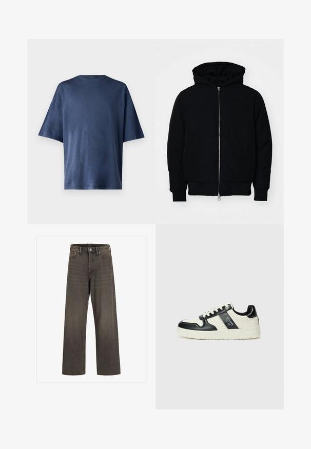 Zwarte hoodie met rits aan de voorkant, kangoeroe-pocket, geribbelde manchetten en zoom, weergegeven op een effen witte achtergrond.; Marineblauwe T-shirt met korte mouwen, gemaakt van zachte stof, heeft een klassieke ronde hals en een relaxed fit, zonder zichtbare patronen of accenten.; Wijde jeans in donkergrijze denim met een hoge taille, een klassieke vijf-pocketontwerp en contrasterende stiksels langs de naden.; Leren sneakers met een zwart en crèmekleurig kleurenschema, voorzien van geperforeerde accenten, een gevoerde kraag en een gestructureerde buitenzool.