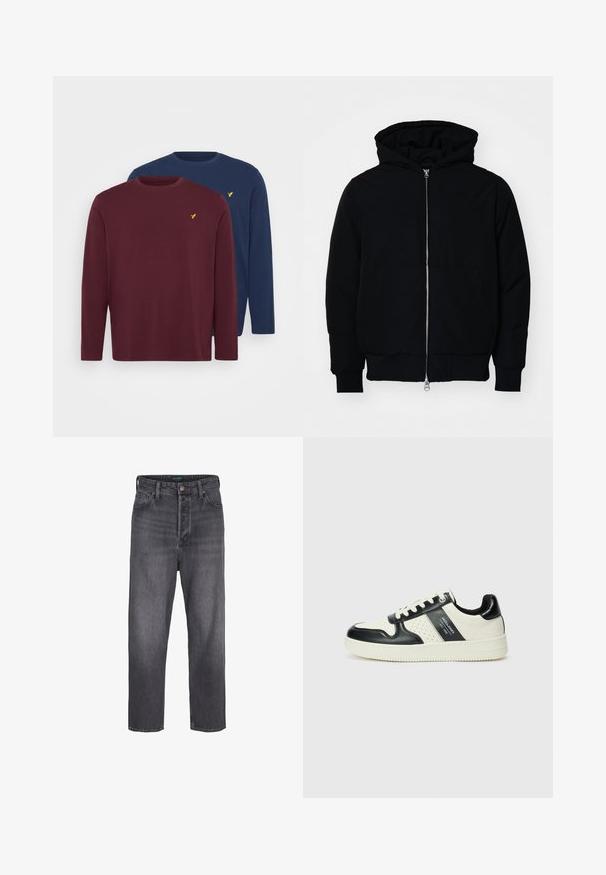 Crna kapuška jakna s prednjim zatvaračem, kenguru džepom, rebrastim manžetama i rubom, prikazana na običnoj bijeloj pozadini.; Pier One 2 PACK - Top dugih rukava - bordeaux/dark blue; Tamno sivi traperice s ravnim nogavicama, visokim strukom, pet džepova i svjetlom izblijedjelošću. Metalni dugme i zatvarač na rajsferšlus.; Kožne tenisice s crno-bijelom paletom boja, koje imaju perforirane akcentne detalje, podstavljeni ovratnik i teksturiranu potplat.