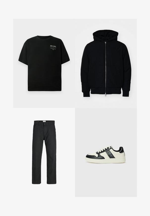 Mustaga kapuutsiga jakk, millel on esineed, kenguru tasku, soonikkoes, ja alläär, esitatud lihtsal valgel taustal.; Mustmustrits musta värviga, ümmarguse kaelusena ja lühikeste varrukatega; vasakule ülemisse nurka on trükitud valge tekst. Sile tekstuur.; Mustad mustad, mis on valmistatud vastupidavast kangast, sirge jala disainiga, õmmeldud detailidega ja kahe eesmise taskuga funktsionaalsuse jaoks.; Nahatud nahkkingad musta ja kreemi värviskeemiga, millel on perforeeritud aktsendid, pehme krae ja tekstureeritud tallad.