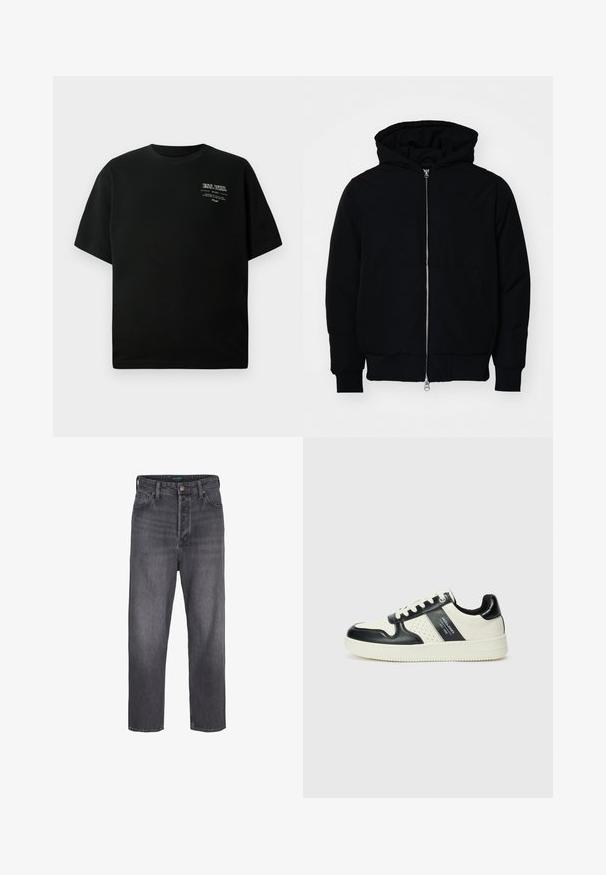 Schwarze Kapuzenjacke mit Frontreißverschluss, Kängurutasche, gerippten Bündchen und Saum, auf einem schlichten weißen Hintergrund präsentiert.; Schwarzes Baumwoll-T-Shirt mit Rundhalsausschnitt und kurzen Ärmeln; mit weißem Drucktext auf der oberen linken Seite. Glatte Textur.; Dunkelgraue Denim-Jeans mit geradem Bein, hoher Taille, Fünf-Taschen-Styling und leichter Ausbleichung. Metallknopf und Reißverschluss. ; Leder-Sneaker in Schwarz- und Cremetönen, mit perforierten Akzenten, einem gepolsterten Kragen und einer strukturierten Laufsohle.