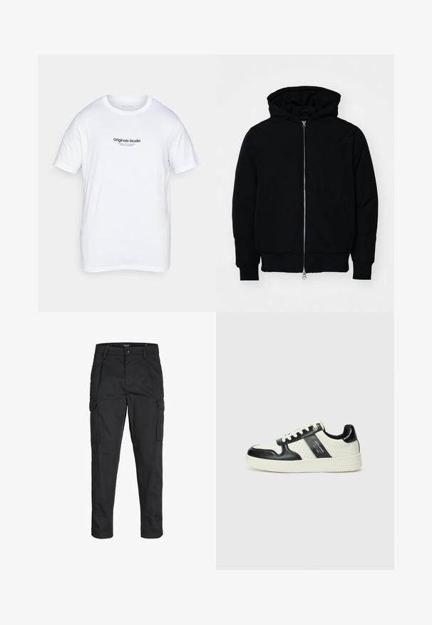 Black hooded jacket with front zipper, kangaroo pocket, ribbed cuffs, and hem, displayed on a plain white background.; White cotton t-shirt with short sleeves. Features a black printed logo "Originals Studio" on the front. Classic crew neck design.; Black cargo pants made of sturdy fabric, featuring multiple pockets, a button closure, and a slim fit design with tapered legs.; Leather sneakers with a black and cream color scheme, featuring perforated accents, a padded collar, and a textured outsole.