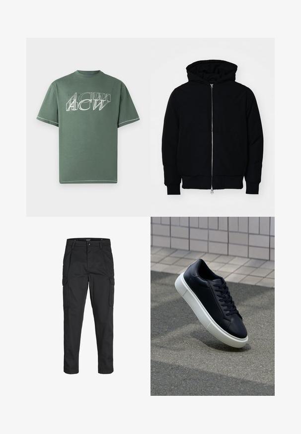 Svart hettejakke med frontglidelås, kengurulomme, ribbestrikket mansjetter og søm, vist på en ensfarget hvit bakgrunn.; Grønn bomull T-skjorte med korte ermer, som har et hvitt grafisk trykk i vinklet design på forsiden og kontrastsying langs kanten.; Sorte cargo bukser laget av slitesterkt stoff, med flere lommer, knappelukking og en slim fit-design med avsmalnede ben.; Sorte skinnsneakers med rund tå og hvit gummisåle. Har flate lisser og minimal søm på overdelen. Strukturert såle for grep.