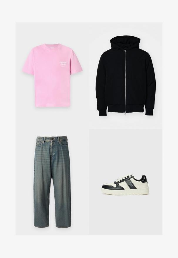 Black hooded jacket with front zipper, kangaroo pocket, ribbed cuffs, and hem, displayed on a plain white background.; Pink cotton t-shirt with a crew neckline and short sleeves. Features a small white "Originals Studio" text printed on the chest.; Light blue denim jeans with a loose fit, mid-rise waist, and straight legs. Features five pockets, belt loops, and a button closure.; Leather sneakers with a black and cream color scheme, featuring perforated accents, a padded collar, and a textured outsole.