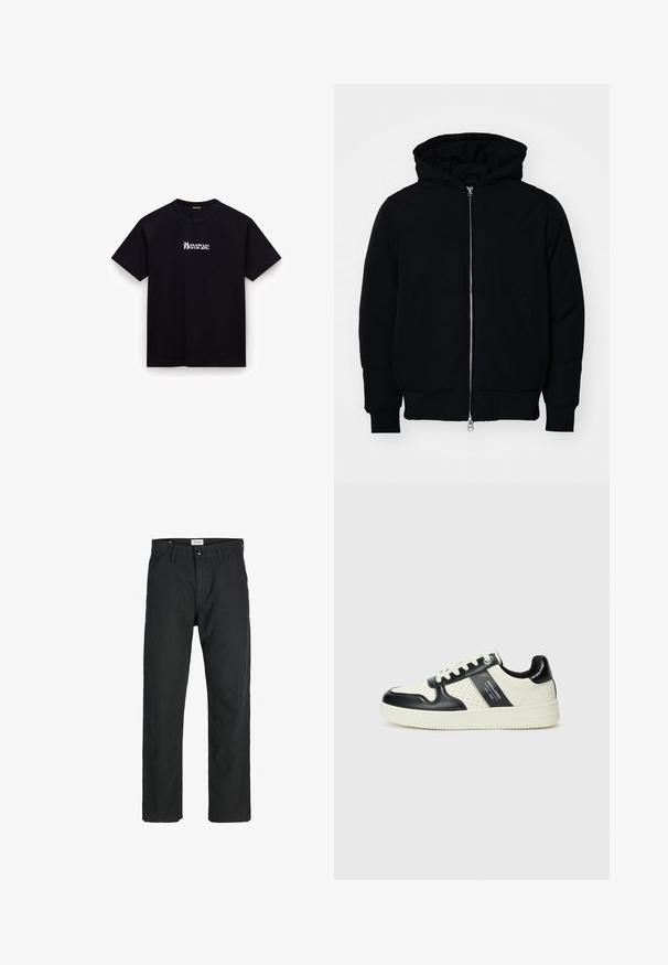 Schwarze Kapuzenjacke mit Frontreißverschluss, Kängurutasche, gerippten Bündchen und Saum, auf einem schlichten weißen Hintergrund präsentiert.; Schwarzes Baumwoll-T-Shirt mit Rundhalsausschnitt, kurzen Ärmeln und einem stilisierten weißen Textlogo auf der Brust. Glatte Textur, lässige Passform.; Schwarze Hosen aus strapazierfähigem Stoff, mit geradem Bein, genähten Akzenten und zwei vorderen Taschen für Funktionalität.; Leder-Sneaker in Schwarz- und Cremetönen, mit perforierten Akzenten, einem gepolsterten Kragen und einer strukturierten Laufsohle.