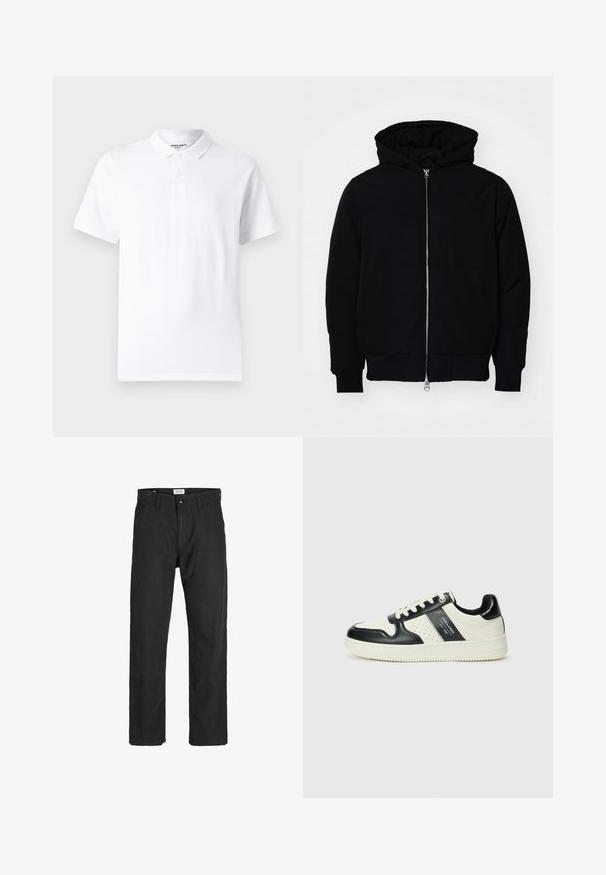 Juodas gobtuvėlis su priekiniu užtrauktuku, kengūros tipo kišene, lygiais rankogaliais ir apvadu, pateiktas ant vientiso balto fono.; Balta polo marškinėliai su klasikiniu apykakle, dviejų mygtukų užsegimu, trumpomis rankovėmis ir maža logo ant krūtinės. Pagaminti iš lygaus audinio.; Juodi kelniai, pagaminti iš tvirto audinio, su tiesiomis kojomis, siuvinėtomis detalėmis ir dviem priekinėmis kišenėmis funkcionalumui.; Odiniai sportbačiai juodos ir kreminės spalvų schemoje, su perforuotais akcentais, paminkštinta apykakle ir tekstūruotu padu.