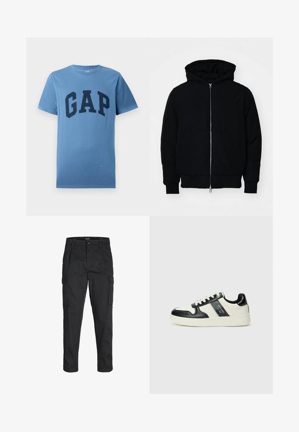 Crna kapuška jakna s prednjim zatvaračem, kenguru džepom, rebrastim manžetama i rubom, prikazana na običnoj bijeloj pozadini.; Plava kratka majica s kratkim rukavima i okruglim izrezom, s velikim tamnoplavi natpisom "GAP" otisnutim preko prsnog dijela.; Crne cargo hlače izrađene od čvrstog materijala, s brojnim džepovima, kopčanjem na gumb i dizajnom koji pomaže da se prilagode tijelu sa suženim nogavicama.; Kožne tenisice s crno-bijelom paletom boja, koje imaju perforirane akcentne detalje, podstavljeni ovratnik i teksturiranu potplat.