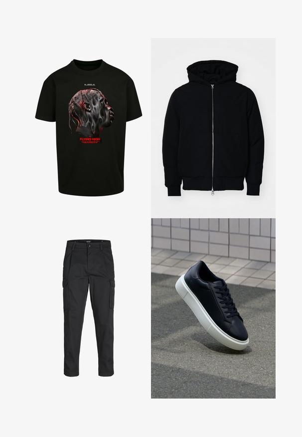 Black hooded jacket with front zipper, kangaroo pocket, ribbed cuffs, and hem, displayed on a plain white background.; Black cotton t-shirt featuring a graphic of a stylized face in shades of gray and red, with red text reading "FLYING HIGH" beneath.; Black cargo pants made of sturdy fabric, featuring multiple pockets, a button closure, and a slim fit design with tapered legs.; Black leather sneaker with rounded toe and white rubber sole. Features flat laces and minimal stitching on the upper. Textured sole for grip.