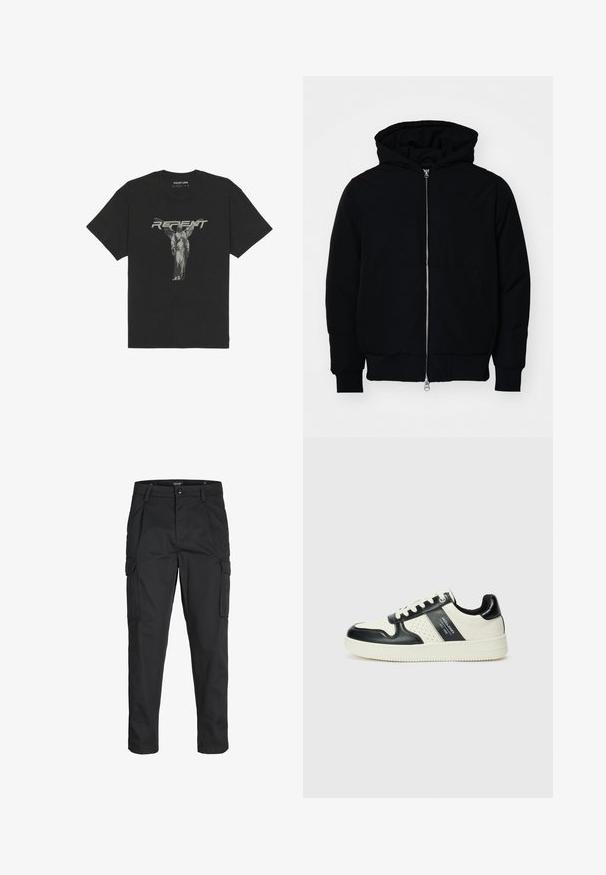 Svart hettejakke med frontglidelås, kengurulomme, ribbestrikket mansjetter og søm, vist på en ensfarget hvit bakgrunn.; Svart bomull t-skjorte med kort erm, med et frontgrafikk av en statue og ordet "REPENT" i fet grå skrift.; Sorte cargo bukser laget av slitesterkt stoff, med flere lommer, knappelukking og en slim fit-design med avsmalnede ben.; Lædersneakers med sort og creme farveskema, der har perforerede detaljer, en polstret krave og en struktureret ydersål.