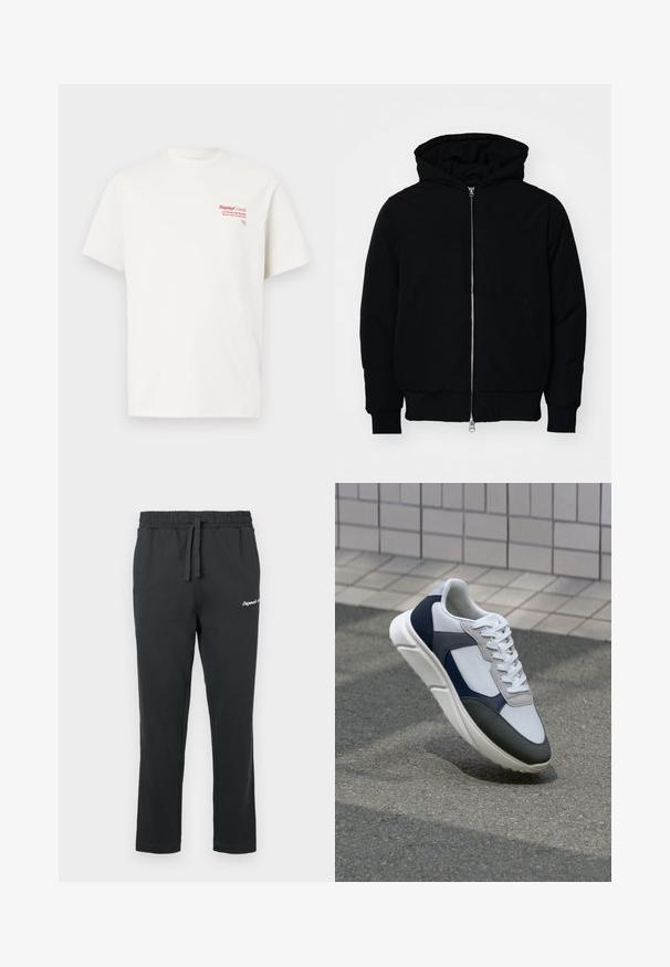 Juodas gobtuvėlis su priekiniu užtrauktuku, kengūros tipo kišene, lygiais rankogaliais ir apvadu, pateiktas ant vientiso balto fono.; Balta medvilninė marškinėliai trumpomis rankovėmis. Į dešinę krūtinės pusę spausdinta raudona užrašas, įskaitant "Replay Goods" ir grafikos logotipą.; Juodi medvilniniai treningai su elastine juosta, raišteliu ir šoninėmis kišenėmis. Yra mažas siuvinėtasis logotipas ant kairiojo šlaunies.; Baltos, tamsiai mėlynos ir pilkos sportbačiai su mišriomis medžiagomis, turintys tekstūruotą viršutinę dalį, plokščius raištelius ir paminkštintą pado dalį.