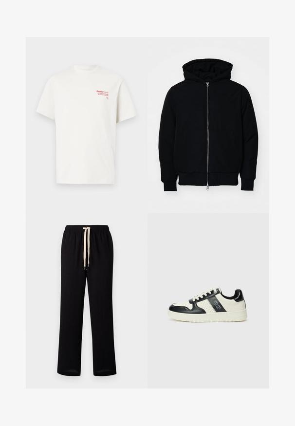 Melna kapucēta jaka ar priekšējo rāvējslēdzēju, kenguru kabatu, ribinātām aprocēm un apakšmalu, parādīta uz vienkārša balta fona.; Balts kokvilnas T-krekls ar īsām piedurknēm. Uz kreisā krūšu daļa ir sarkans drukāts teksts, kas ietver "Replay Goods" un grafisko logo.; Melni vilkšanas bikses ar elastīgu jostu, kuras ir aprīkotas ar kontrastējošu krēmkrāsas auklu. Tiesnas kājas dizains ar gludu tekstūru.; Ādas sporta apavi ar melnbaltu krāsu shēmu, ar perforētiem akcentiem, mīkstinātu apkakli un teksturētu zoli.