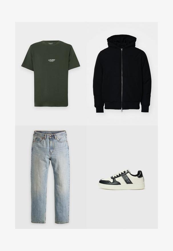 Black hooded jacket with front zipper, kangaroo pocket, ribbed cuffs, and hem, displayed on a plain white background.; Dark green cotton t-shirt with short sleeves, crew neck, features white "JJ Studios" logo on the chest. Smooth texture, casual design.; Light blue denim jeans with high waist, front button, zipper, and five-pocket design, laid flat on a neutral background.; Leather sneakers with a black and cream color scheme, featuring perforated accents, a padded collar, and a textured outsole.