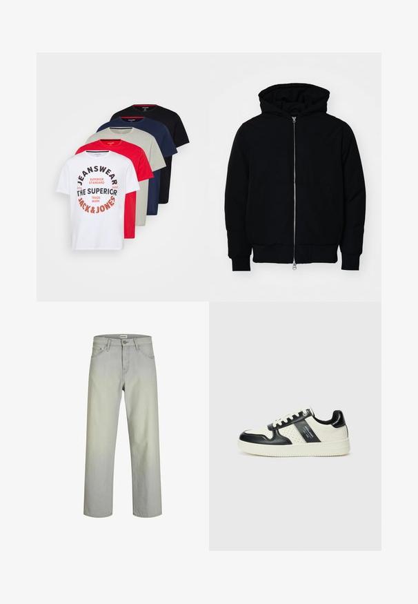 Black hooded jacket with front zipper, kangaroo pocket, ribbed cuffs, and hem, displayed on a plain white background.; Five crew-neck t-shirts in white, red, gray, navy, and black; features graphic text on the white shirt; cotton material, short sleeves.; Light gray, straight-leg jeans with a classic five-pocket design, button closure, and belt loops. Made of denim fabric with a smooth texture.; Leather sneakers with a black and cream color scheme, featuring perforated accents, a padded collar, and a textured outsole.