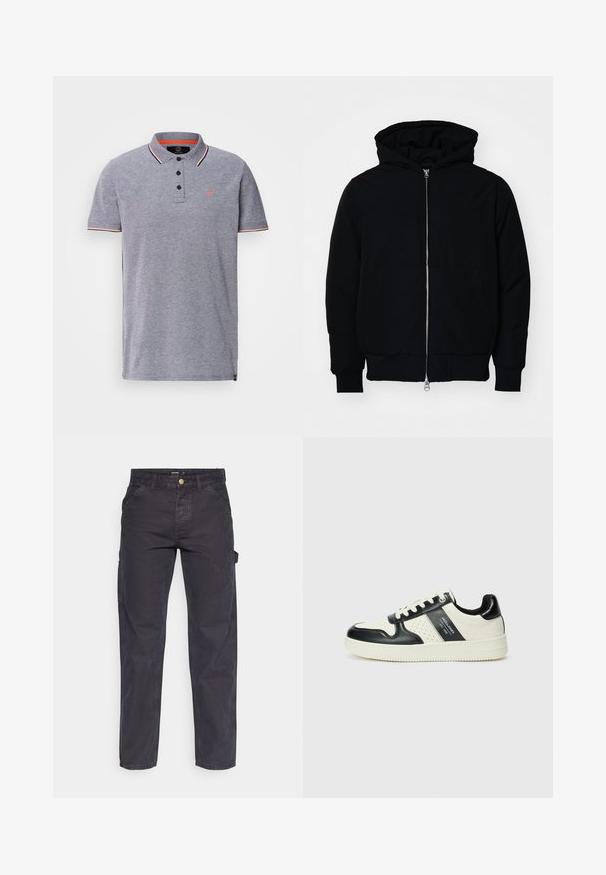 Sort hættejakke med frontlynlås, kængurulomme, ribbede manchetter og kant, præsenteret på en ensfarvet hvid baggrund.; Grå polo shirt med en tekstureret krave, treknap-lukning og kontrastfarvede røde detaljer på kraven og ærmerne. Lille logo på brystet.; Mørkegrå cargo-bukser lavet af slidstærkt stof, med lige ben, fem lommer og en knaplukning i taljen.; Lædersneakers i sort og creme farveskema, med perforerede detaljer, en polstret krave og en struktureret ydersål.