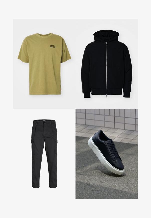 Svart hettejakke med frontglidelås, kengurulomme, ribbestrikket mansjetter og søm, vist på en ensfarget hvit bakgrunn.; Oliven grønn bomull t-skjorte med korte ermer, rund hals, og en liten svart "LEVI'S" logo på venstre bryst. Slett tekstur, avslappet passform.; Sorte cargo bukser laget av slitesterkt stoff, med flere lommer, knappelukking og en slim fit-design med avsmalnede ben.; Sorte skinnsneakers med rund tå og hvit gummisåle. Har flate lisser og minimal søm på overdelen. Strukturert såle for grep.