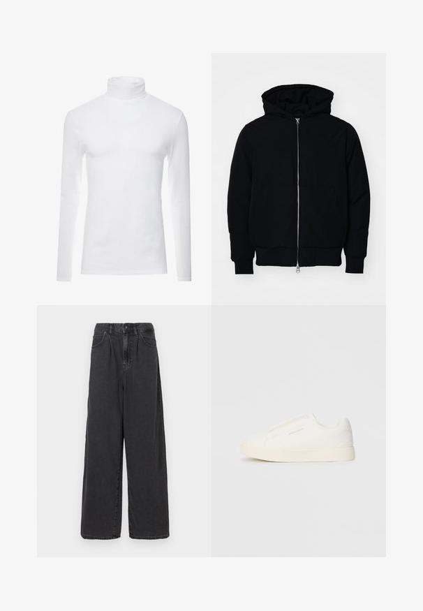 Černá kapucňová bunda s předním zipem, klokaní kapsou, vroubkovanými manžetami a spodním lemem, vystavená na čistém bílém pozadí.; Bílý dlouhý rukáv rolák vyrobený z měkké, elastické látky. Působí s vysokým límcem a slim fit střihem, který vytváří elegantní siluetu.; Široké, vysoké černé džíny s knoflíkovým a zipovým zapínáním vpředu, se bočními kapsami a hladkou texturou.; Bílé slip-on tenisky s texturovaným povrchem, silnou podešví a minimalistickým designem. Na boku je umístěno logo značky.