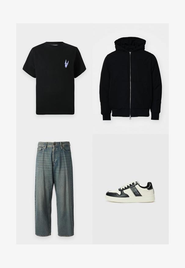 Juodas gobtuvėlis su priekiniu užtrauktuku, kengūros tipo kišene, lygiais rankogaliais ir apvadu, pateiktas ant vientiso balto fono.; Juodas medvilninis marškinėliai trumpomis rankovėmis su mažu purpuriniu piešiniu kairėje krūtinės pusėje. Paprastas, kvadratinis dizainas.; Šviesiai mėlyni džinsai su laisvu siluetu, vidutinio aukščio juosmeniu ir tiesiomis kojomis. Su penkiais kišenėmis, diržo kilpo ir mygtukų uždarymu.; Odiniai sportbačiai juodos ir kreminės spalvų schemoje, su perforuotais akcentais, paminkštinta apykakle ir tekstūruotu padu.