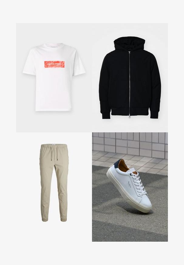 Jachetă neagră cu glugă, cu fermoar în față, buzunar tip kangaroo, mansete și tiv ribbed, prezentată pe un fundal alb simplu.; Tricou din bumbac alb cu un design de logo dreptunghiular roșu centrat pe față, având textul "JACK&JONES" și modele abstracte.; Pantaloni joggeri bej, cu croi conic, talie elastică, șnur și mansete la gleznă, confecționați dintr-un material moale. Prezintă o textură netedă și un design minimalist.; Adidași din piele albă cu călcâi bleumarin, vârf rotund și accente contrastante de culoare maro. Dispun de șireturi plate și talpă din cauciuc texturat.